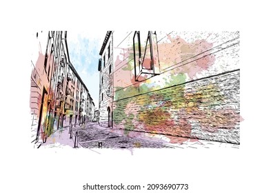 Building view with landmark Logrono is a city in northern Spain. Watercolor splash with hand drawn sketch illustration in vector.