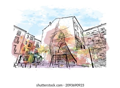 Building view with landmark Logrono is a city in northern Spain. Watercolor splash with hand drawn sketch illustration in vector.