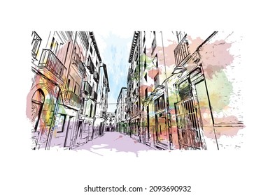 Building view with landmark Logrono is a city in northern Spain. Watercolor splash with hand drawn sketch illustration in vector.
