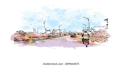 Building view with landmark of Lome is the 
capital in Togo. watercolour splash with hand drawn sketch illustration in vector.