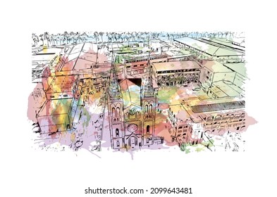 Building view with landmark of Lome is the 
capital in Togo. watercolour splash with hand drawn sketch illustration in vector.