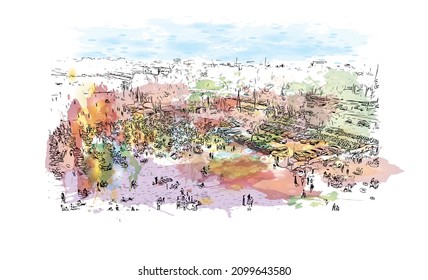 Building view with landmark of Lome is the 
capital in Togo. watercolour splash with hand drawn sketch illustration in vector.