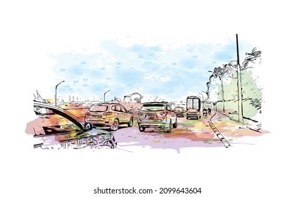 Building view with landmark of Lome is the 
capital in Togo. watercolour splash with hand drawn sketch illustration in vector.