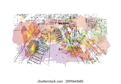 Building view with landmark of Lome is the 
capital in Togo. watercolour splash with hand drawn sketch illustration in vector.
