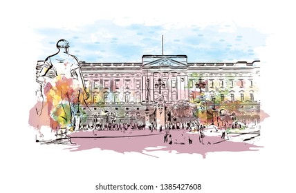Building view with landmark of London, the capital of England and the United Kingdom. Watercolor splash with Hand drawn sketch illustration in vector.