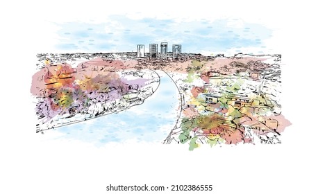 Building view with landmark of Londrina is a city in southern Brazil. Watercolor splash with hand drawn sketch illustration in vector.