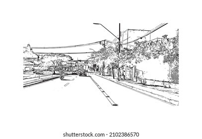 Building view with landmark of Londrina is a city in southern Brazil. Hand drawn sketch illustration in vector.