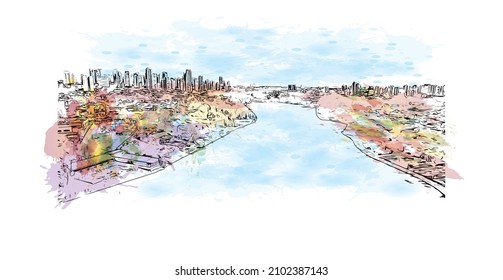 Building view with landmark of Londrina is a city in southern Brazil. Watercolor splash with hand drawn sketch illustration in vector.