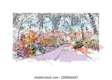 Building view with landmark of Lorain is the 
city in Ohio. Watercolor splash with Hand drawn sketch illustration in vector.