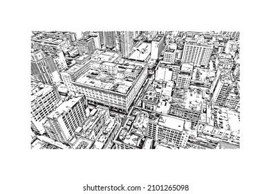 Building view with landmark of Los Angeles is the 
city in California. Hand drawn sketch illustration in vector.