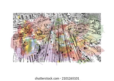 Building view with landmark of Los Angeles is the 
city in California. Watercolor splash with hand drawn sketch illustration in vector.