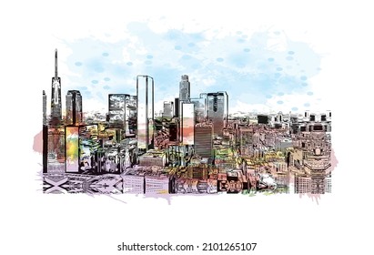 Building view with landmark of Los Angeles is the 
city in California. Watercolor splash with hand drawn sketch illustration in vector.