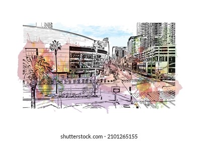 Building view with landmark of Los Angeles is the 
city in California. Watercolor splash with hand drawn sketch illustration in vector.