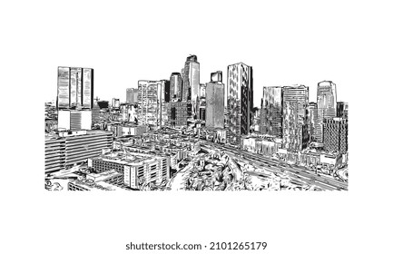 Building view with landmark of Los Angeles is the 
city in California. Hand drawn sketch illustration in vector.