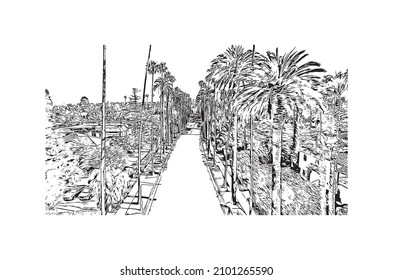 Building view with landmark of Los Angeles is the 
city in California. Hand drawn sketch illustration in vector.