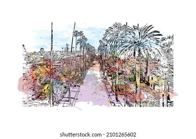 Building view with landmark of Los Angeles is the 
city in California. Watercolor splash with hand drawn sketch illustration in vector.