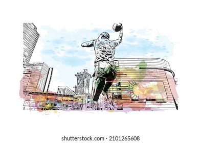 Building view with landmark of Los Angeles is the 
city in California. Watercolor splash with hand drawn sketch illustration in vector.