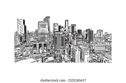 Building view with landmark of Los Angeles is the 
city in California. Hand drawn sketch illustration in vector.