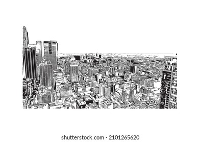 Building view with landmark of Los Angeles is the 
city in California. Hand drawn sketch illustration in vector.