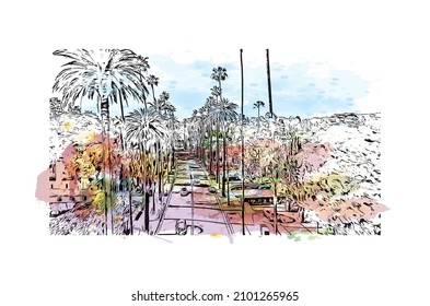 Building view with landmark of Los Angeles is the 
city in California. Watercolor splash with hand drawn sketch illustration in vector.