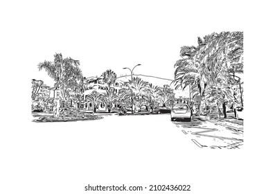 Building view with landmark of Los Cristianos is the 
town in Spain. Hand drawn sketch illustration in vector.