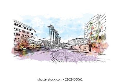 Der Blick auf das Gebäude mit Wahrzeichen von Los Cristianos ist der 
Stadt in Spanien. Aquarellspritzer mit handgezeichneter Skizzengrafik in Vektorgrafik.