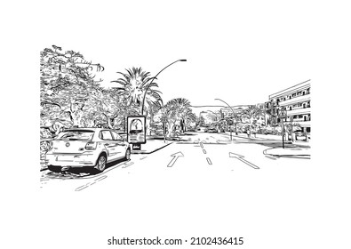 Building view with landmark of Los Cristianos is the 
town in Spain. Hand drawn sketch illustration in vector.