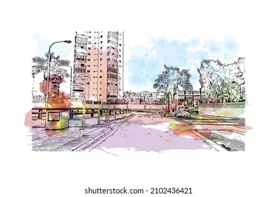 Building view with landmark of Los Cristianos is the 
town in Spain. Watercolor splash with hand drawn sketch illustration in vector.