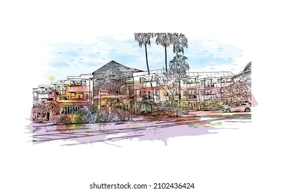 Building view with landmark of Los Cristianos is the 
town in Spain. Watercolor splash with hand drawn sketch illustration in vector.