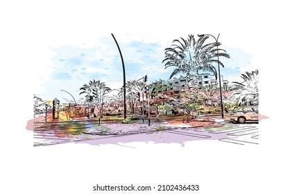 Building view with landmark of Los Cristianos is the 
town in Spain. Watercolor splash with hand drawn sketch illustration in vector.