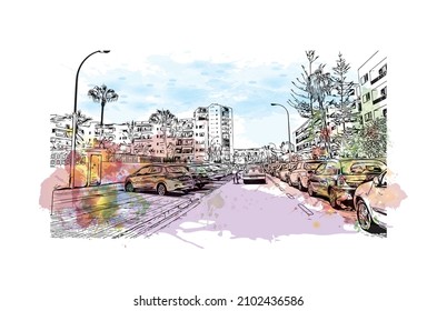 Building view with landmark of Los Cristianos is the 
town in Spain. Watercolor splash with hand drawn sketch illustration in vector.