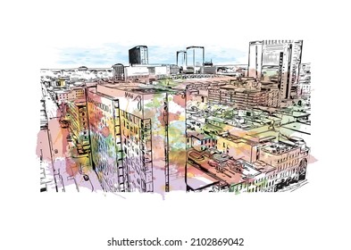Building view with landmark of Louisville is the 
city in Kentucky. Watercolor splash with hand drawn sketch illustration in vector.