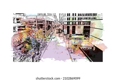 Building view with landmark of Louisville is the 
city in Kentucky. Watercolor splash with hand drawn sketch illustration in vector.
