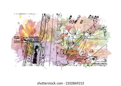 Building view with landmark of Louisville is the 
city in Kentucky. Watercolor splash with hand drawn sketch illustration in vector.