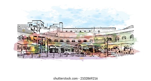 Building view with landmark of Louisville is the 
city in Kentucky. Watercolor splash with hand drawn sketch illustration in vector.