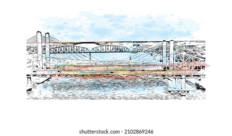 Building view with landmark of Louisville is the 
city in Kentucky. Watercolor splash with hand drawn sketch illustration in vector.