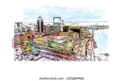 Building view with landmark of Louisville is the 
city in Kentucky. Watercolor splash with hand drawn sketch illustration in vector.