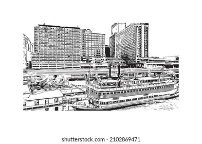 Building view with landmark of Louisville is the 
city in Kentucky. Hand drawn sketch illustration in vector.