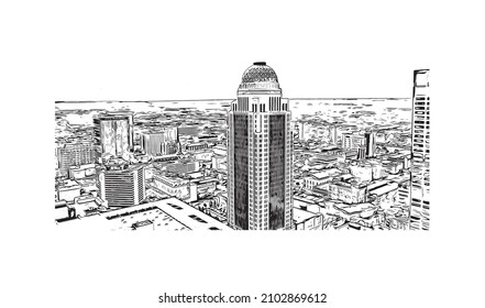 Building view with landmark of Louisville is the 
city in Kentucky. Hand drawn sketch illustration in vector.