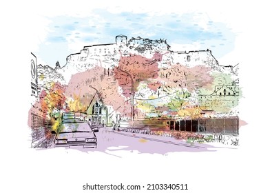 Building view with landmark of Lourdes is a town in southwestern France. Watercolor splash with hand drawn sketch illustration in vector.