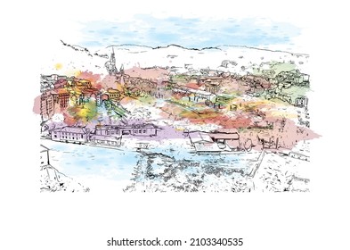 Building view with landmark of Lourdes is a town in southwestern France. Watercolor splash with hand drawn sketch illustration in vector.