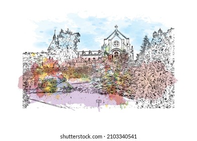 Building view with landmark of Lourdes is a town in southwestern France. Watercolor splash with hand drawn sketch illustration in vector.