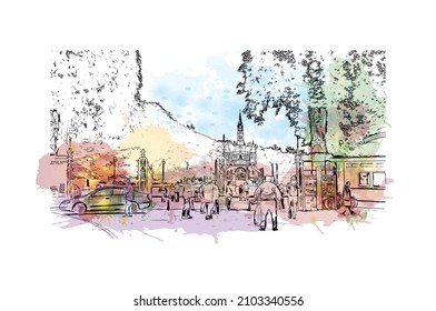 Building view with landmark of Lourdes is a town in southwestern France. Watercolor splash with hand drawn sketch illustration in vector.
