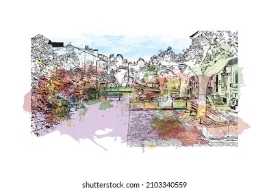 Building view with landmark of Lourdes is a town in southwestern France. Watercolor splash with hand drawn sketch illustration in vector.