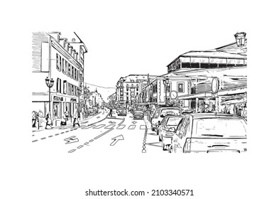 Building view with landmark of Lourdes is a town in southwestern France. Hand drawn sketch illustration in vector.