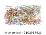 Building view with landmark of Louvain la Neuve is a planned village in the municipality of Ottignies. Watercolor splash with hand drawn sketch illustration in vector.
