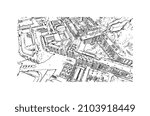 Building view with landmark of Louvain la Neuve is a planned village in the municipality of Ottignies. Hand drawn sketch illustration in vector.