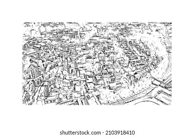 Building view with landmark of Louvain la Neuve is a planned village in the municipality of Ottignies. Hand drawn sketch illustration in vector.