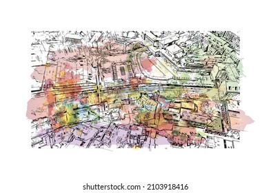 Building view with landmark of Louvain la Neuve is a planned village in the municipality of Ottignies. Watercolor splash with hand drawn sketch illustration in vector.