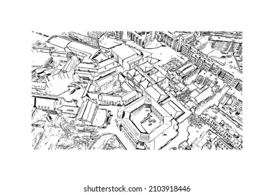 Building view with landmark of Louvain la Neuve is a planned village in the municipality of Ottignies. Hand drawn sketch illustration in vector.